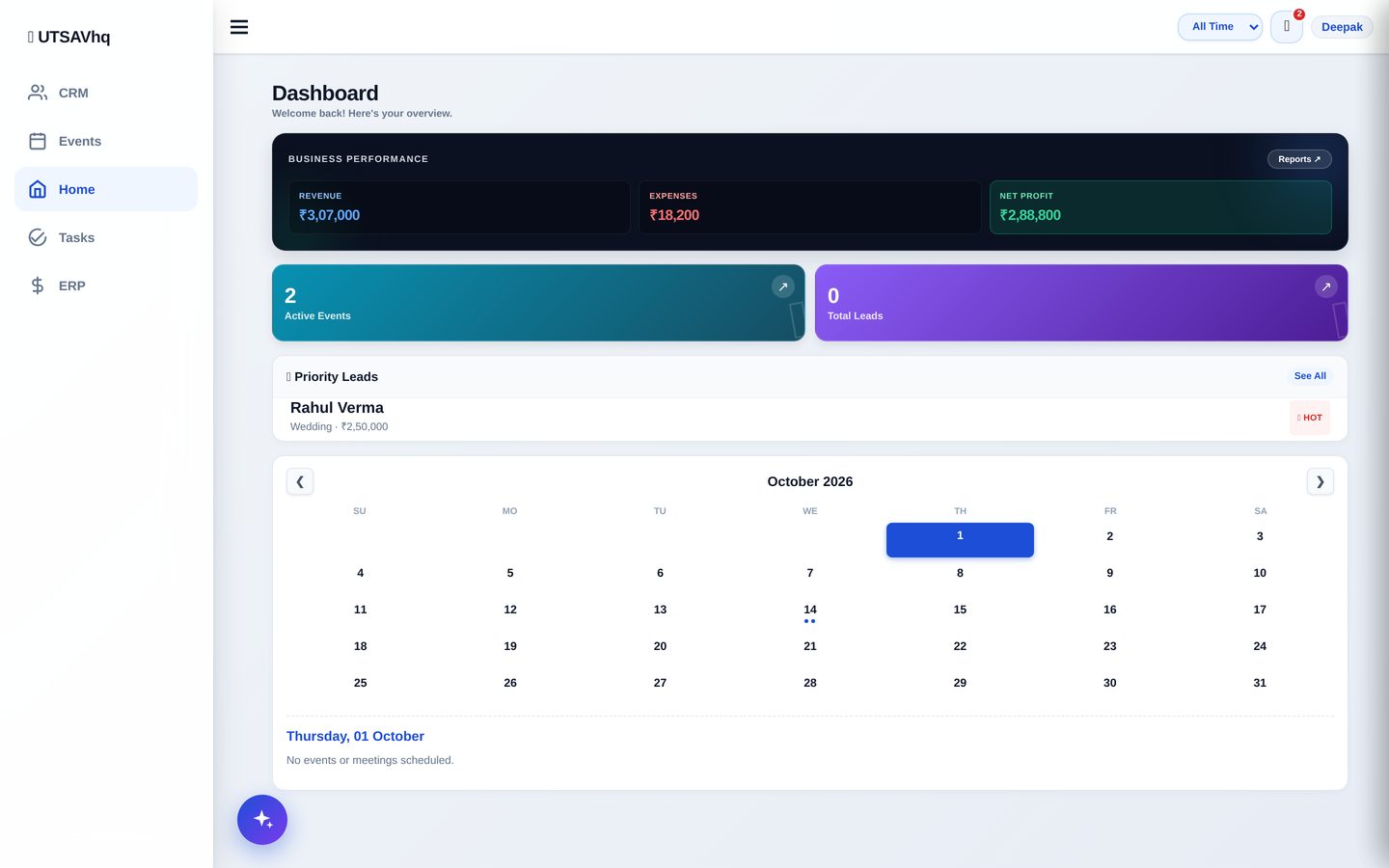 UTSAVhq ERP dashboard showing business performance, active events and priority leads
