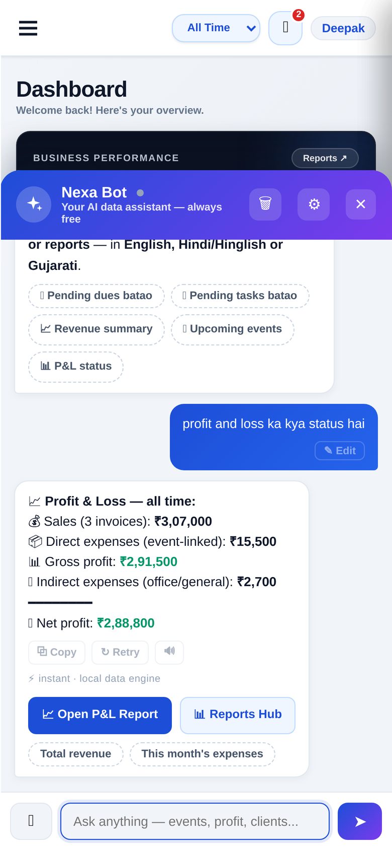 Nexa AI assistant answering a profit and loss question inside the app