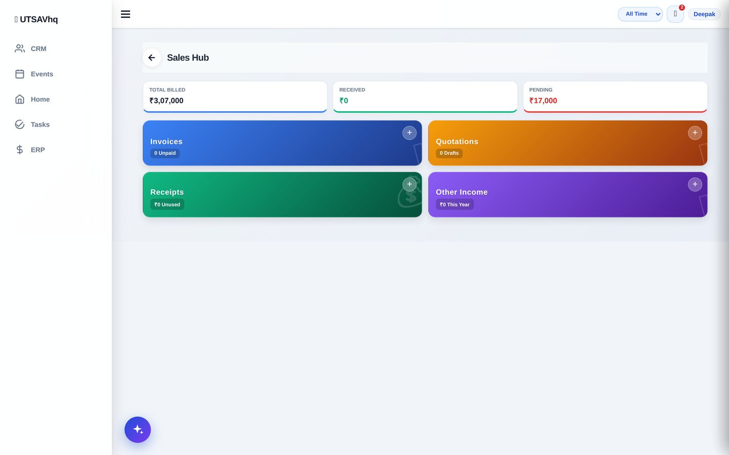 Sales Hub with invoices, quotations and payment status